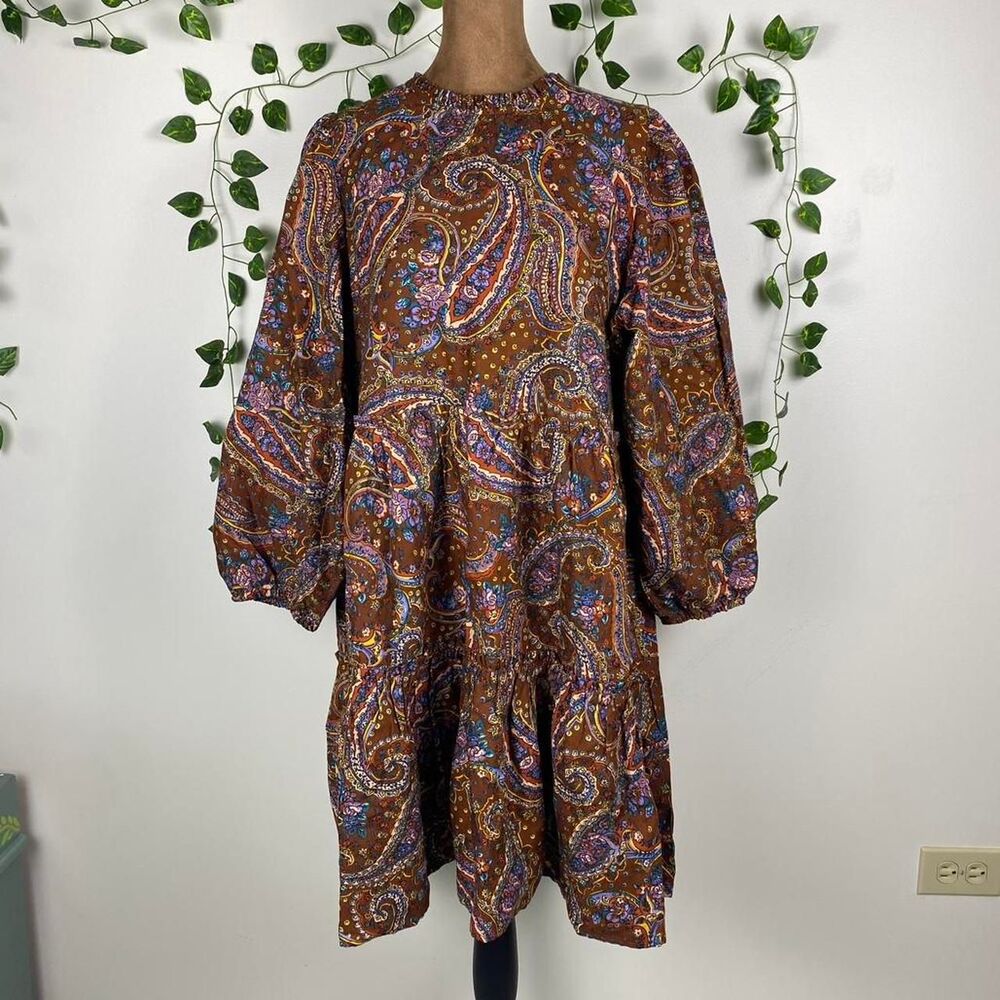 Brown Paisley Mini Dress ruffle tiered skirt puff sleeve prairie cottage boho